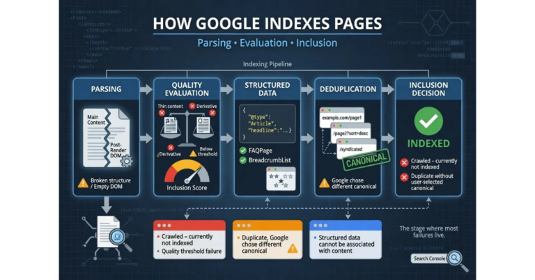 Image showing how google index pages - parsing, evaluation and inclusion