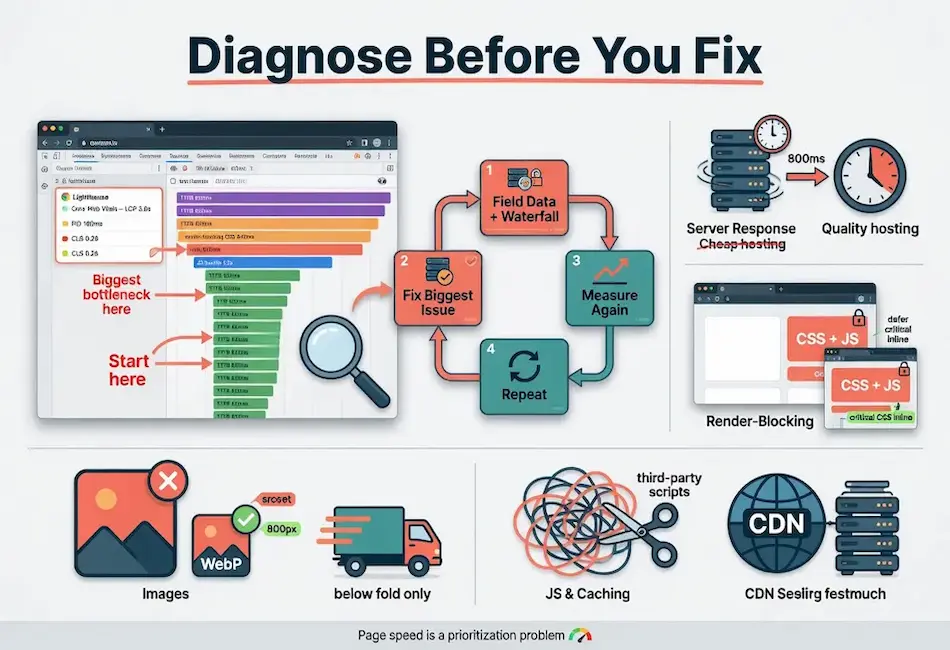 Infographic explaining a diagnose-before-you-fix approach to technical SEO and page speed optimization, illustrating how to identify performance bottlenecks using field data, then improve server response times, eliminate render-blocking resources, optimize images, reduce third-party scripts, implement caching, and use a CDN for faster website performance.