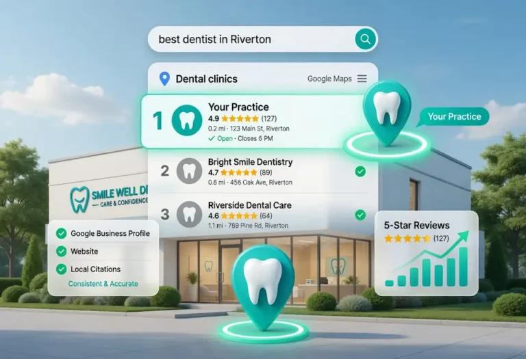 Local dental SEO illustration showing a dental practice ranking first in Google Maps for a local search, highlighting Google Business Profile optimization, consistent citations, 5-star reviews, and improved local search visibility to attract more patients.