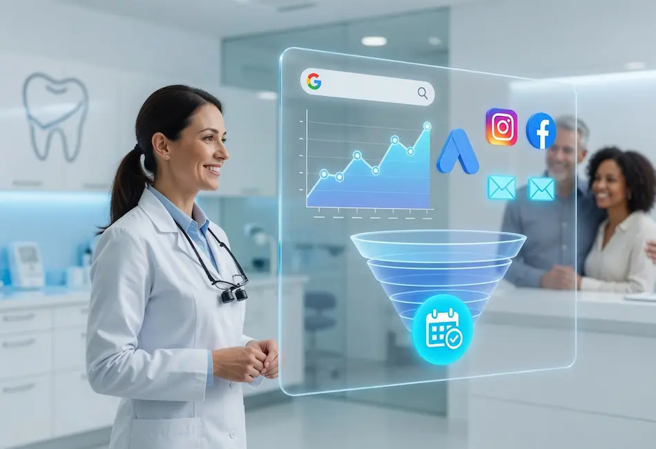 Dentist using an integrated digital marketing dashboard showing Google Search, Google Ads, social media, email marketing, and appointment tracking to illustrate a multi-channel dental marketing strategy for patient growth.