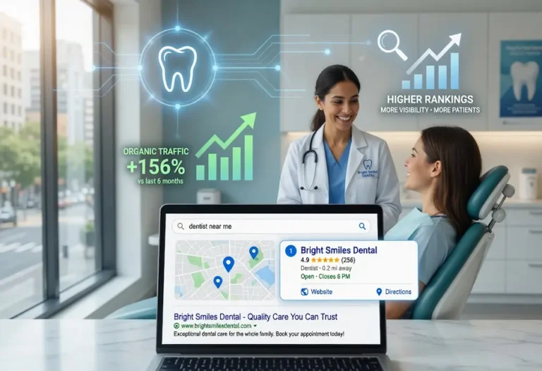 Dentist with a patient in a modern dental office illustrating local dental SEO, Google Business Profile visibility, increased organic traffic, higher Google rankings, and more patient appointments through local search marketing.
