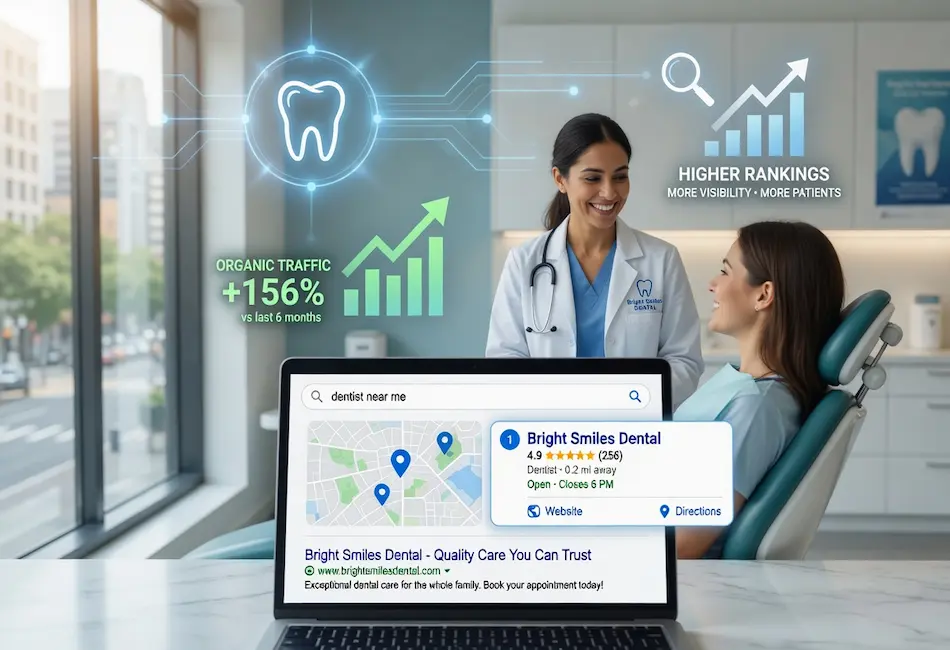 Dentist with a patient in a modern dental office illustrating local dental SEO, Google Business Profile visibility, increased organic traffic, higher Google rankings, and more patient appointments through local search marketing.